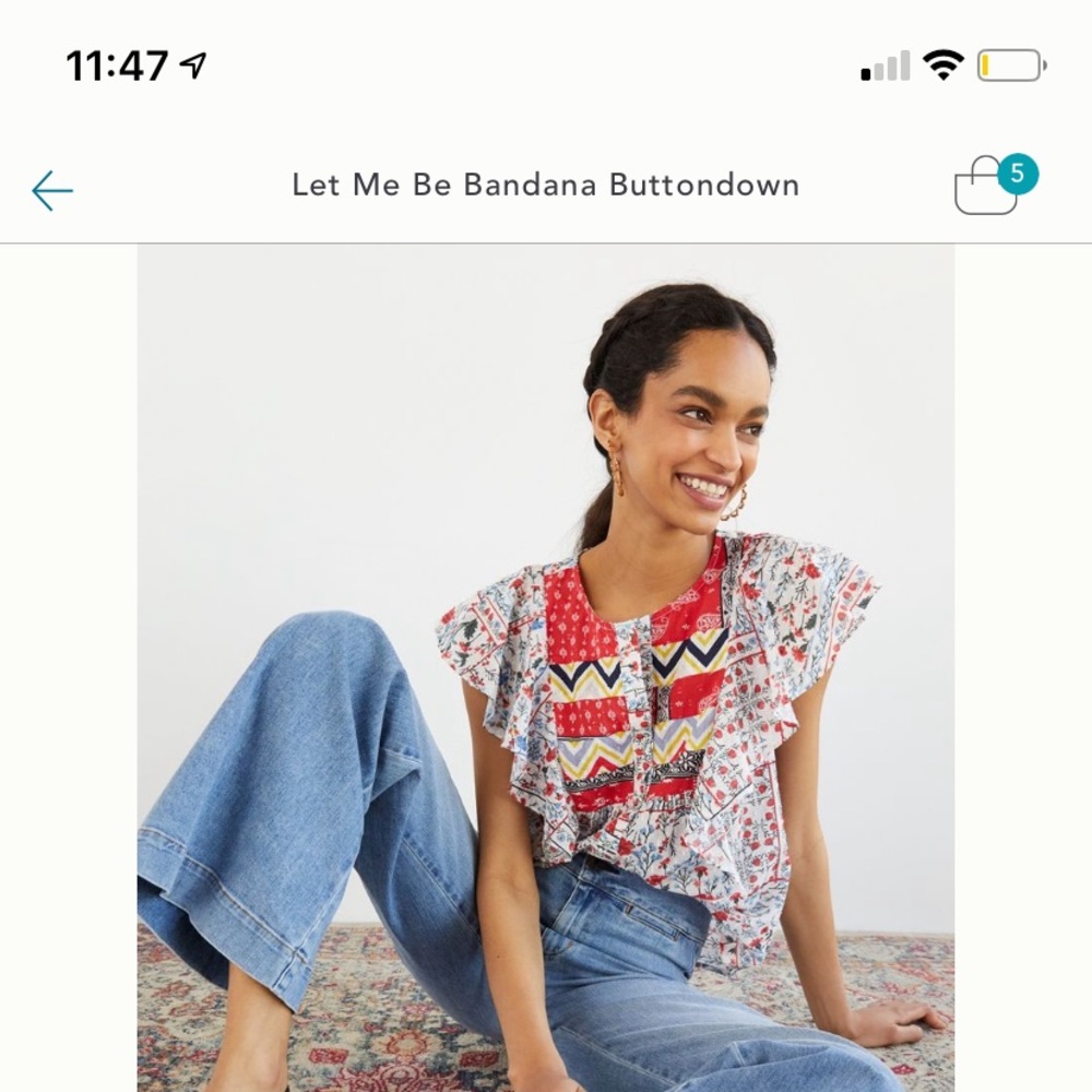 Anthropologie Floral Patchwork Button-Front Blouse in Red, Blue, Cream - Picture 5 of 5